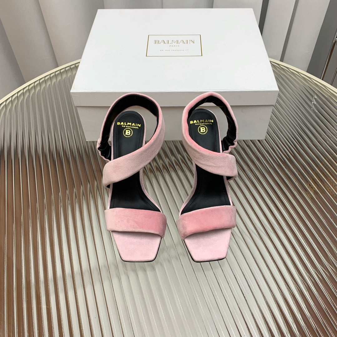 BALMAIN 25S MONETA HEELED SANDALS 95MM IN BABY PINK VELVET