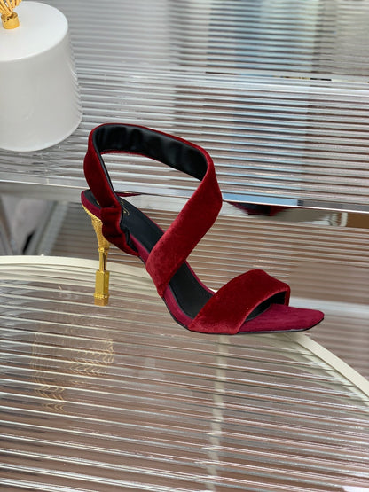 BALMAIN 25S MONETA HEELED SANDALS 95MM IN DARK CRIMSON VELVET