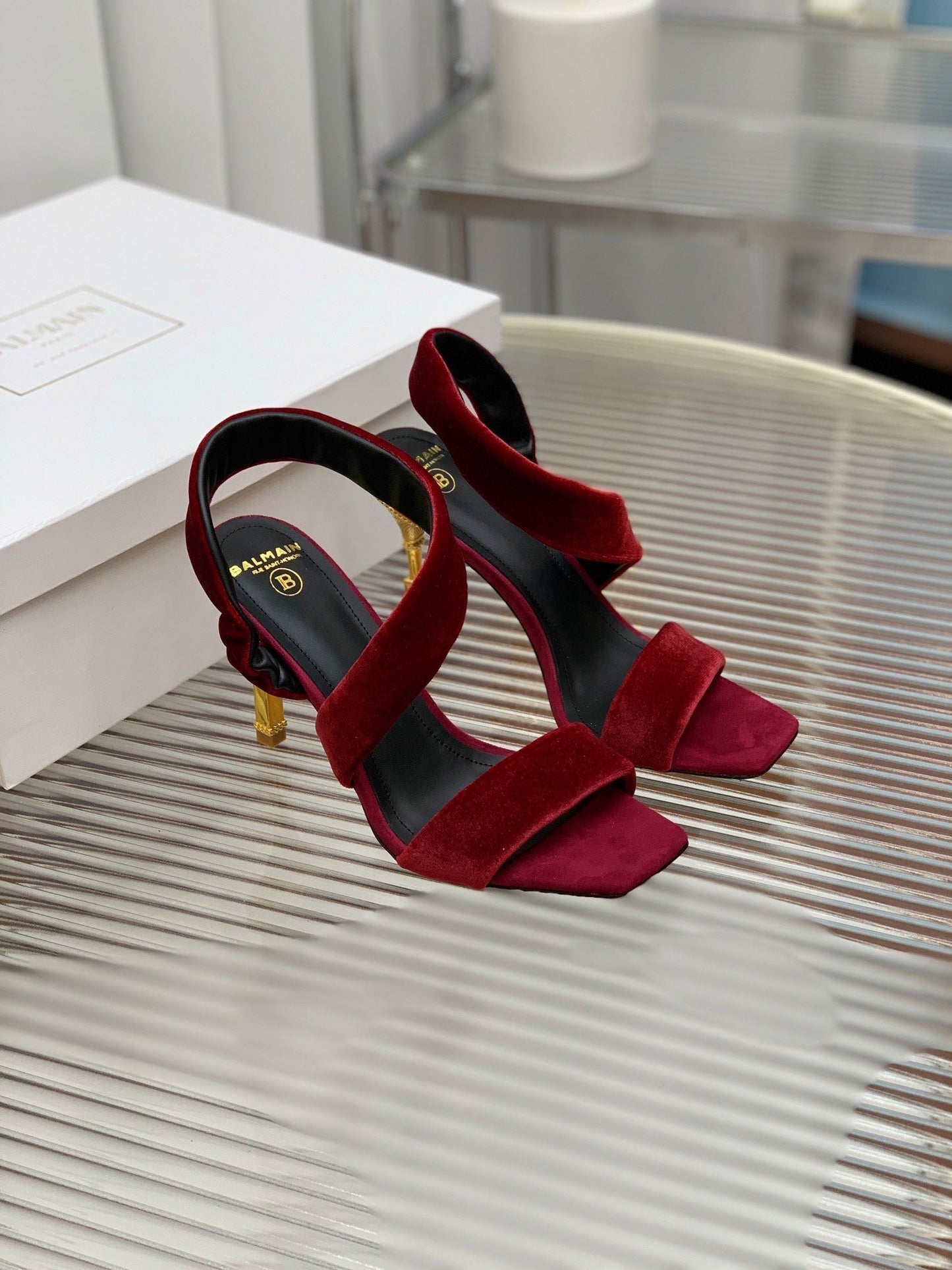 BALMAIN 25S MONETA HEELED SANDALS 95MM IN DARK CRIMSON VELVET