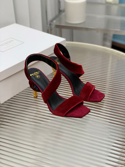 BALMAIN 25S MONETA HEELED SANDALS 95MM IN DARK CRIMSON VELVET