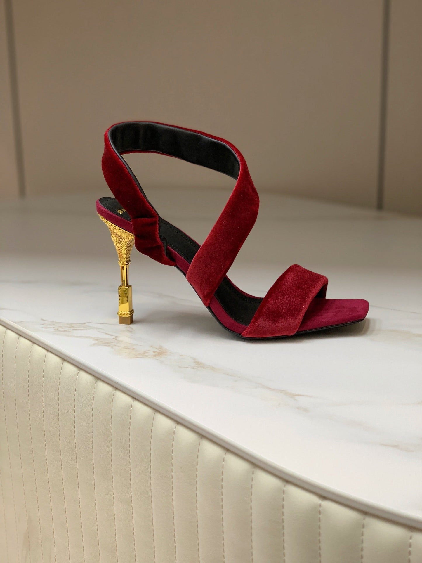 BALMAIN 25S MONETA HEELED SANDALS 95MM IN DARK CRIMSON VELVET