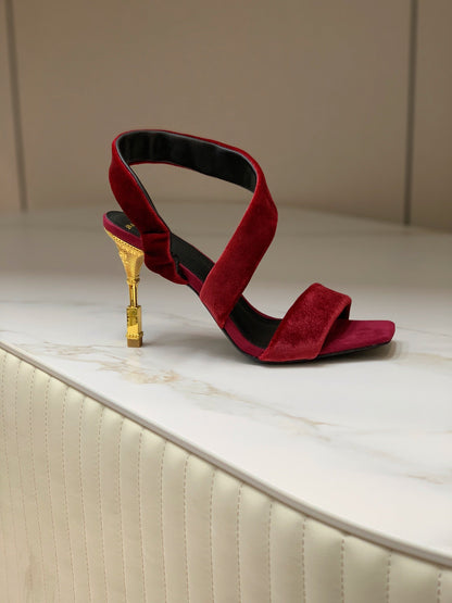 BALMAIN 25S MONETA HEELED SANDALS 95MM IN DARK CRIMSON VELVET