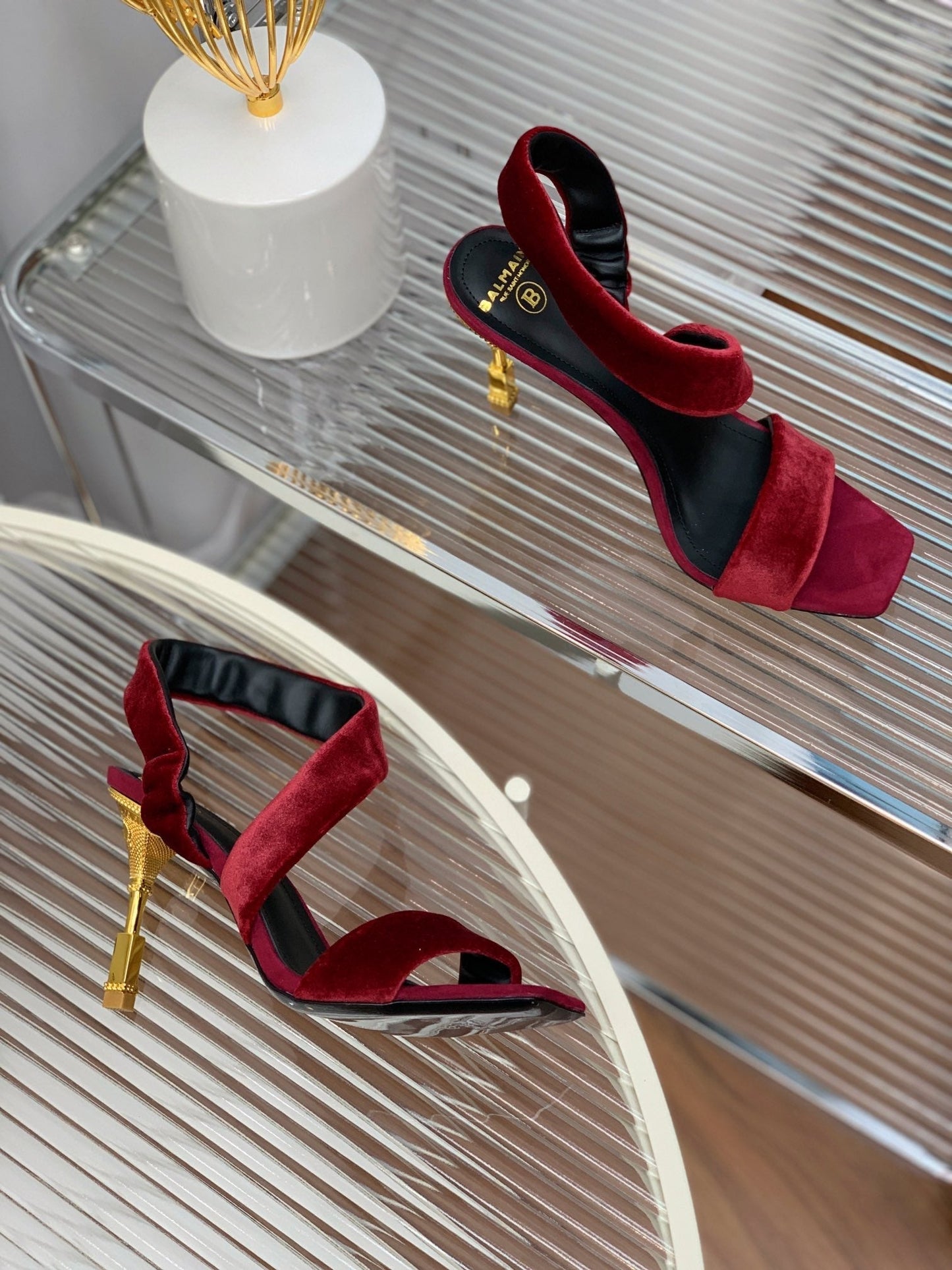 BALMAIN 25S MONETA HEELED SANDALS 95MM IN DARK CRIMSON VELVET