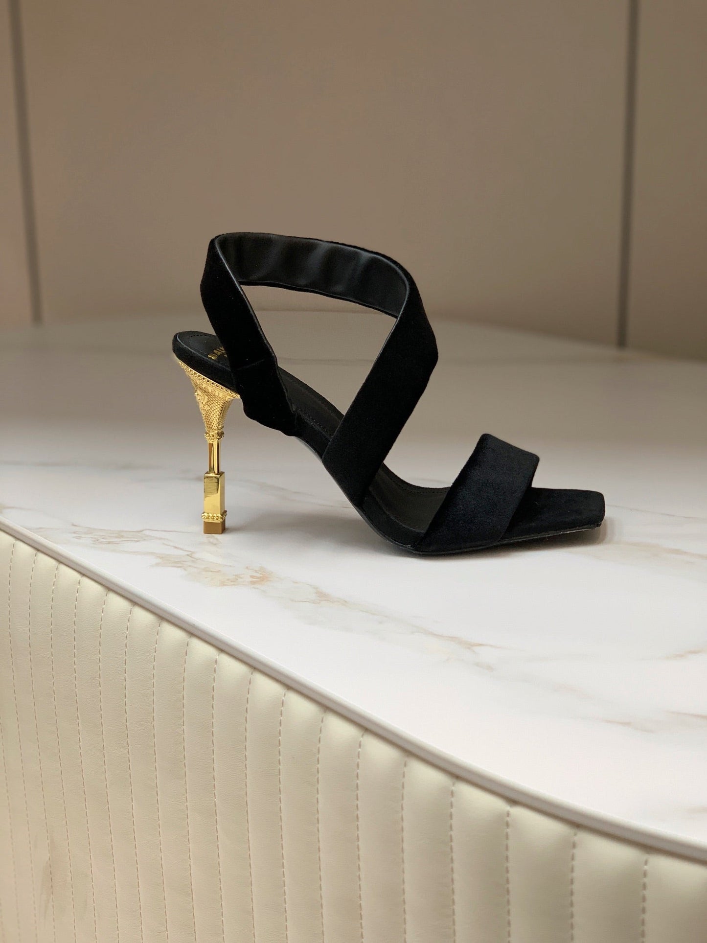 BALMAIN 25S MONETA HEELED SANDALS 95MM IN BLACK VELVET
