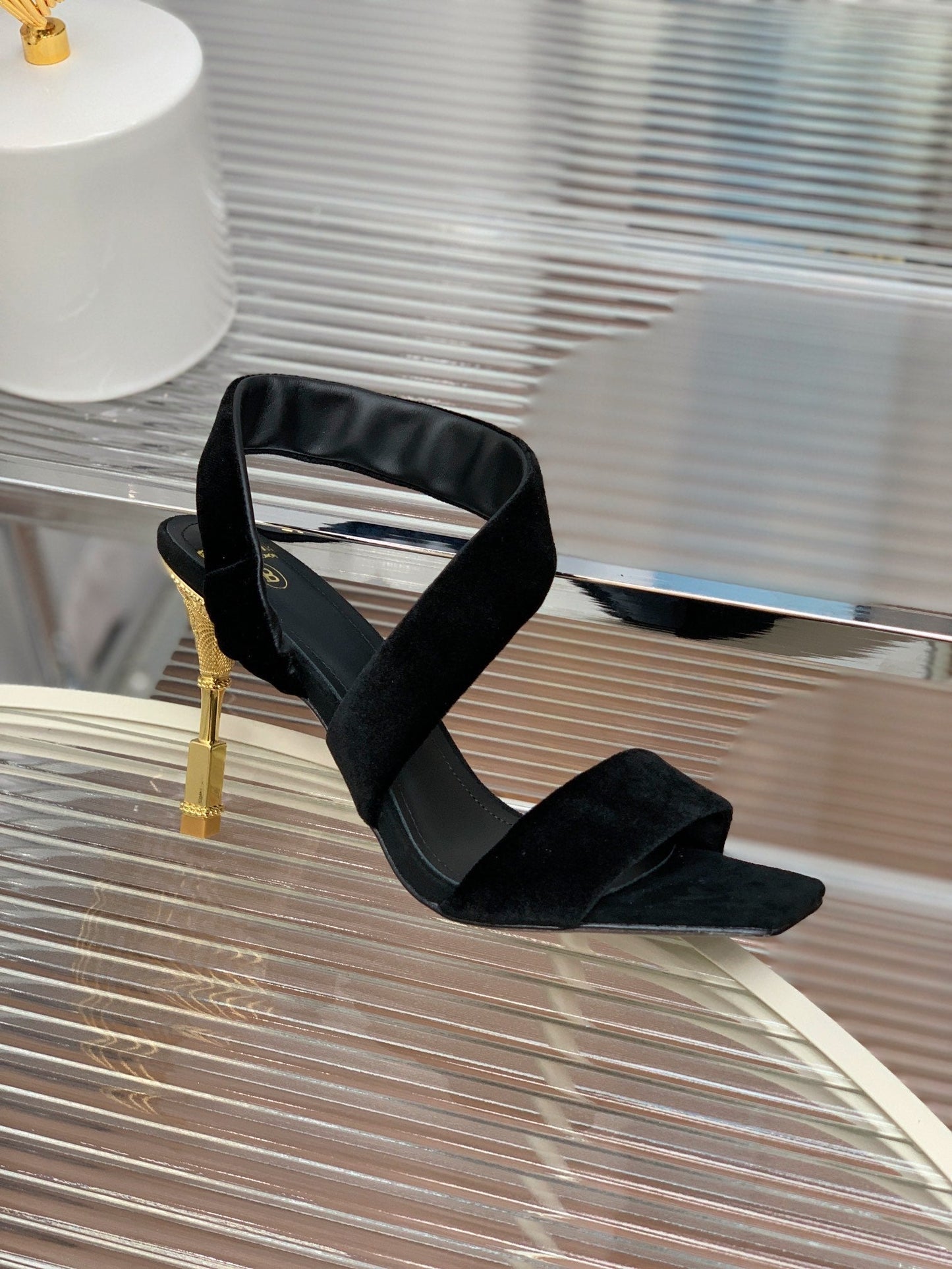 BALMAIN 25S MONETA HEELED SANDALS 95MM IN BLACK VELVET
