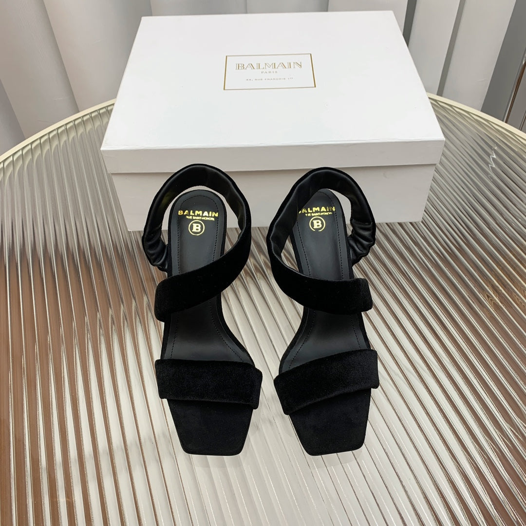 BALMAIN 25S MONETA HEELED SANDALS 95MM IN BLACK VELVET