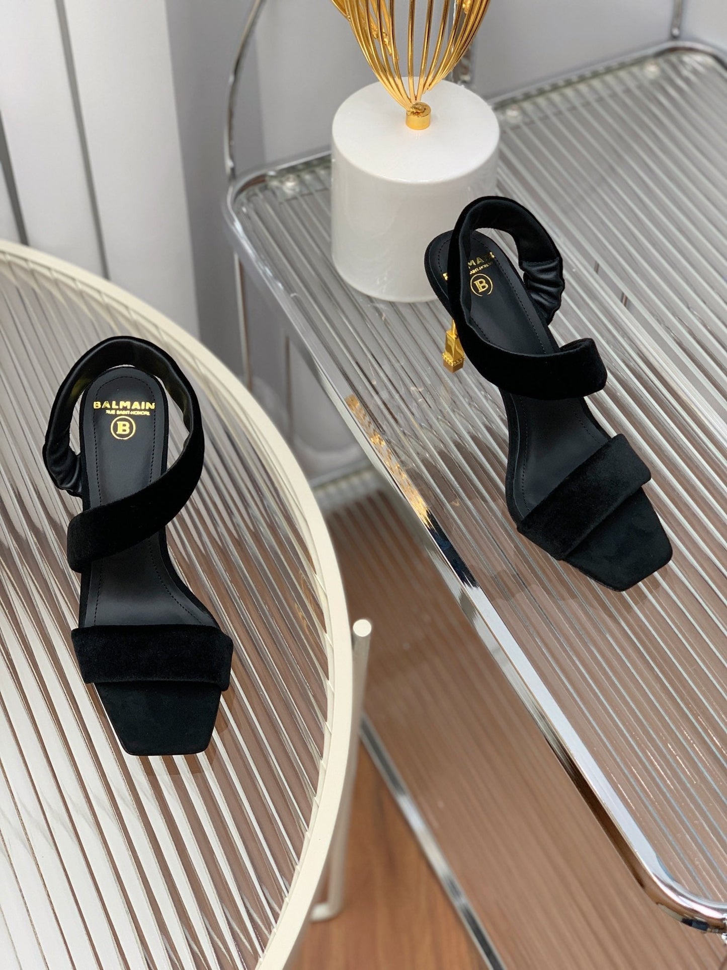 BALMAIN 25S MONETA HEELED SANDALS 95MM IN BLACK VELVET