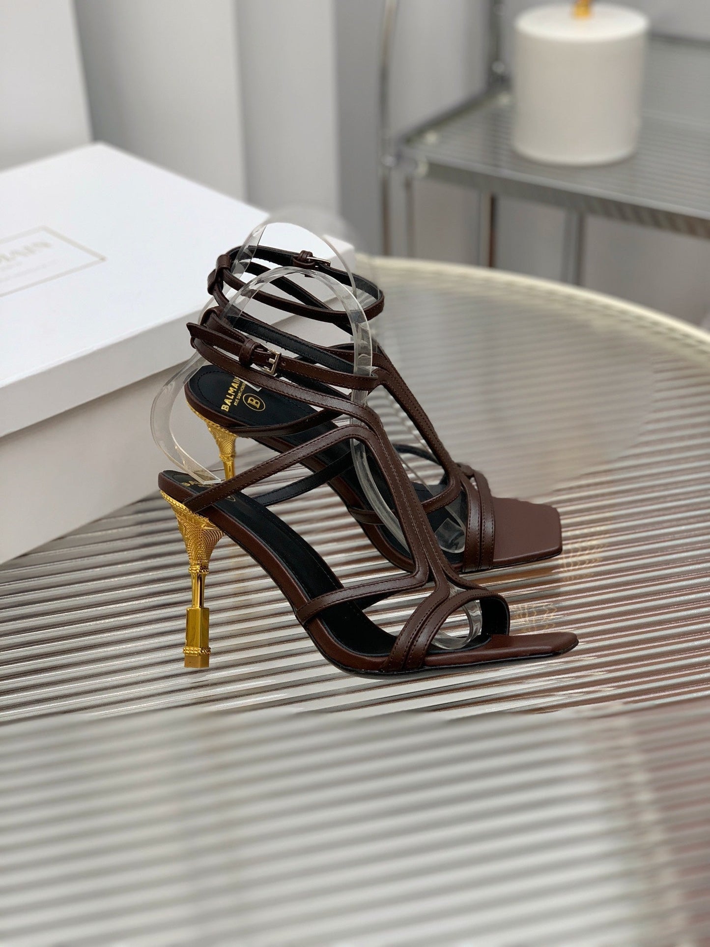 BALMAIN 25S MONETA SANDAL 95MM IN DARK BROWN CALFSKIN