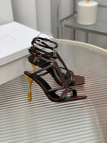 BALMAIN 25S MONETA SANDAL 95MM IN DARK BROWN CALFSKIN