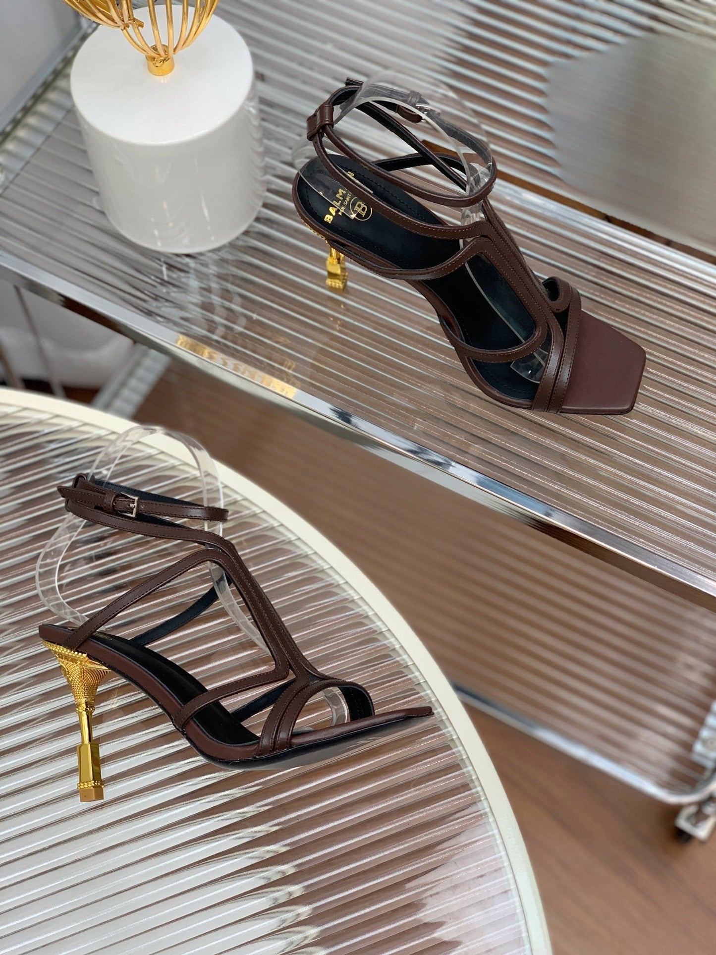 BALMAIN 25S MONETA SANDAL 95MM IN DARK BROWN CALFSKIN