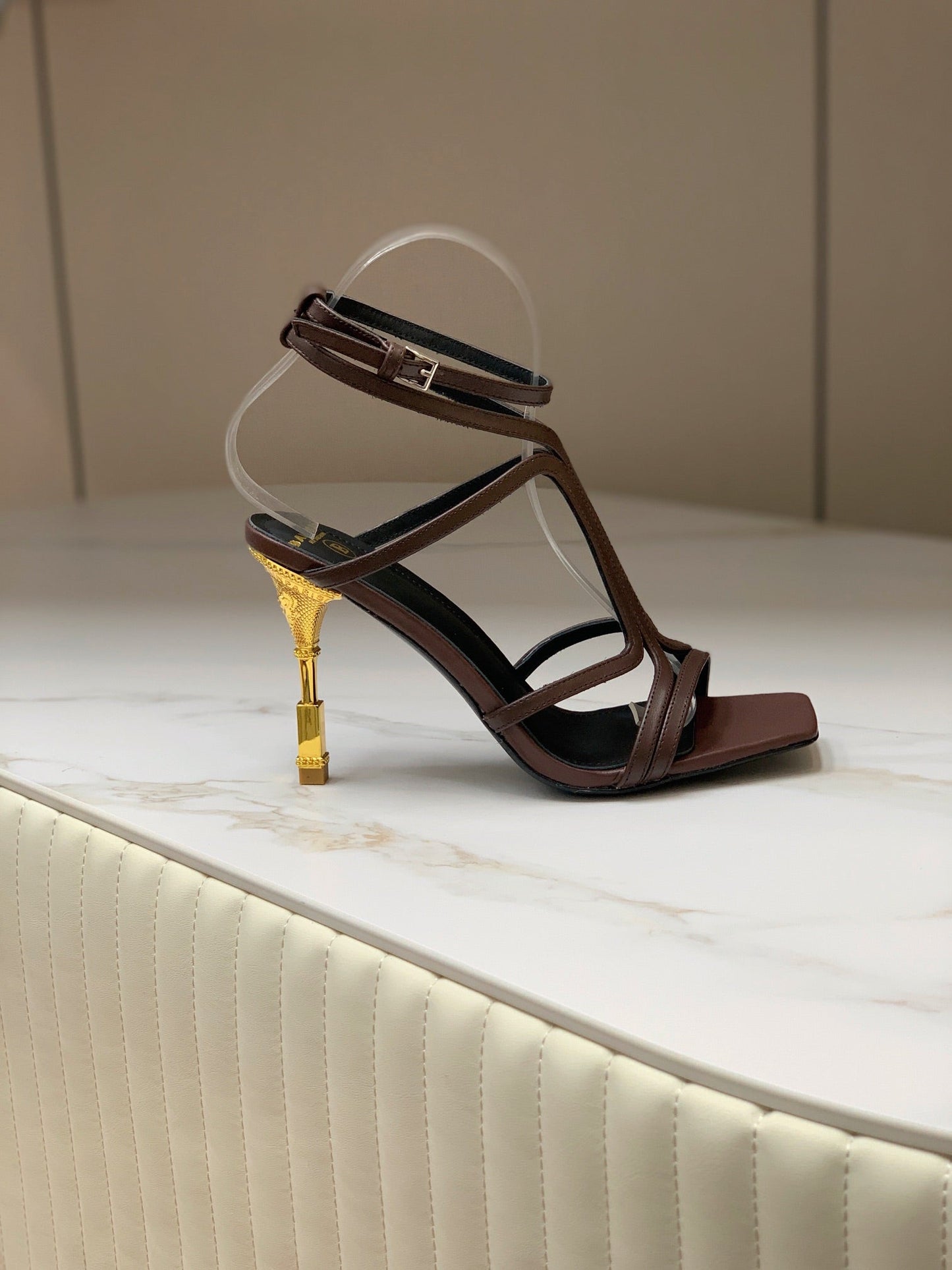 BALMAIN 25S MONETA SANDAL 95MM IN DARK BROWN CALFSKIN