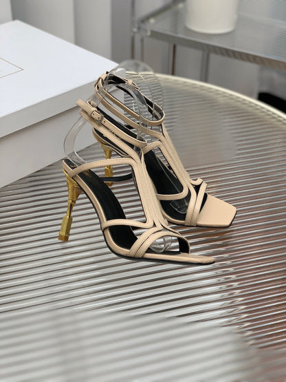 BALMAIN 25S MONETA SANDAL 95MM IN WARM BEIGE CALFSKIN