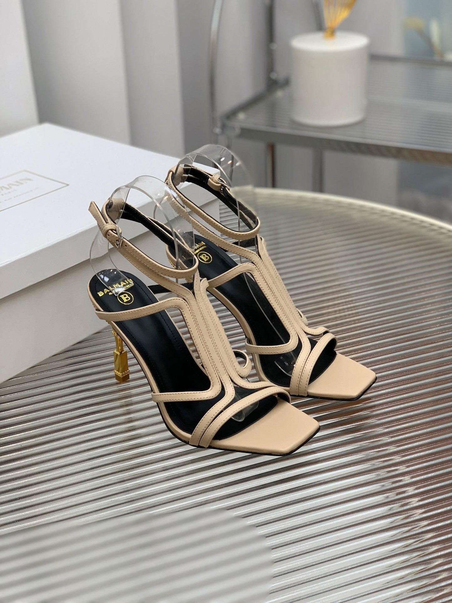 BALMAIN 25S MONETA SANDAL 95MM IN WARM BEIGE CALFSKIN