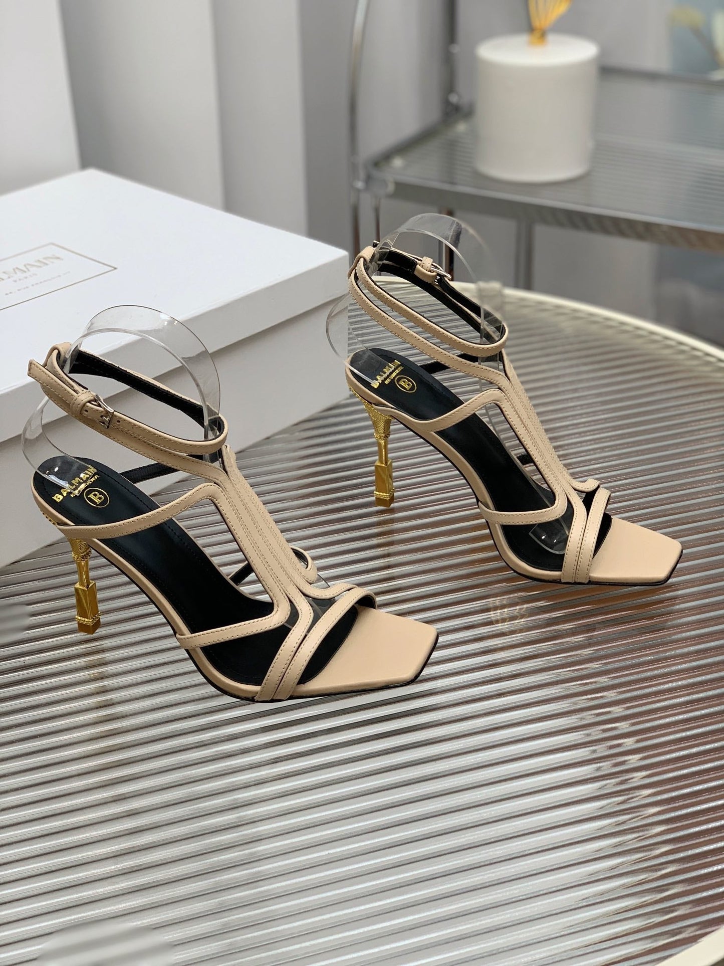 BALMAIN 25S MONETA SANDAL 95MM IN WARM BEIGE CALFSKIN