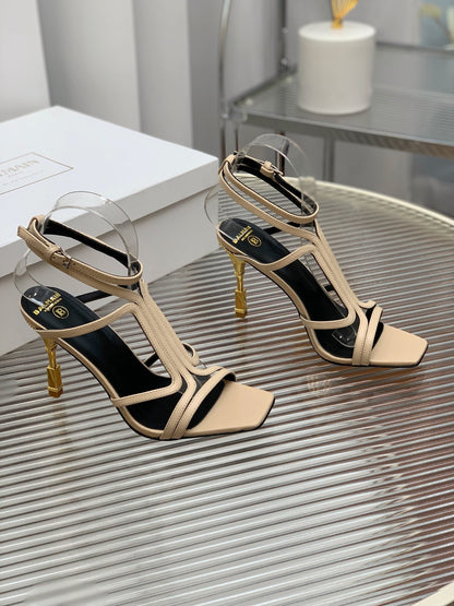BALMAIN 25S MONETA SANDAL 95MM IN WARM BEIGE CALFSKIN