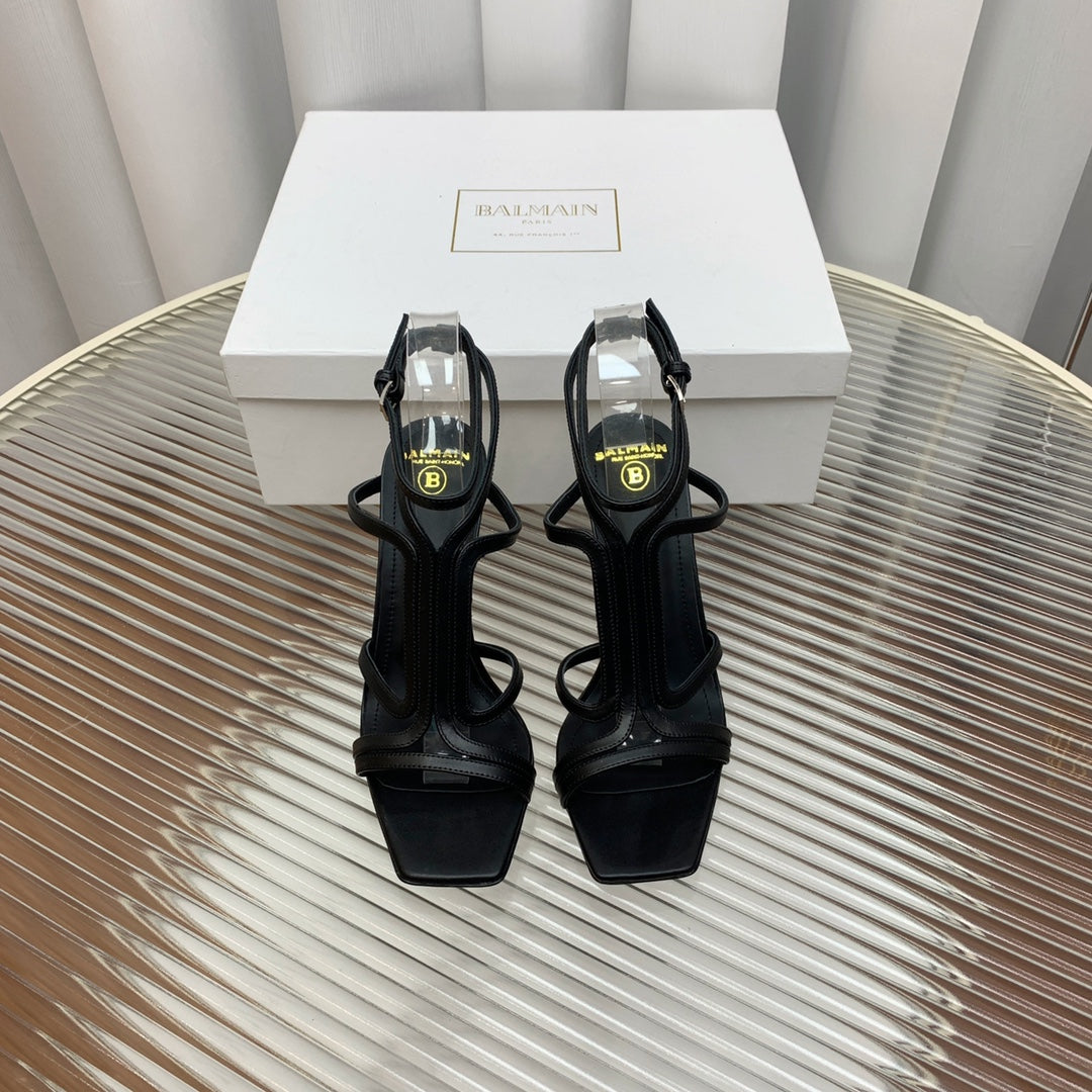 BALMAIN 25S MONETA SANDAL 95MM IN BLACK CALFSKIN