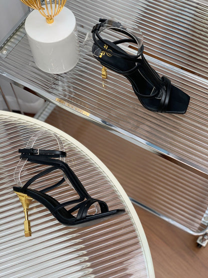 BALMAIN 25S MONETA SANDAL 95MM IN BLACK CALFSKIN