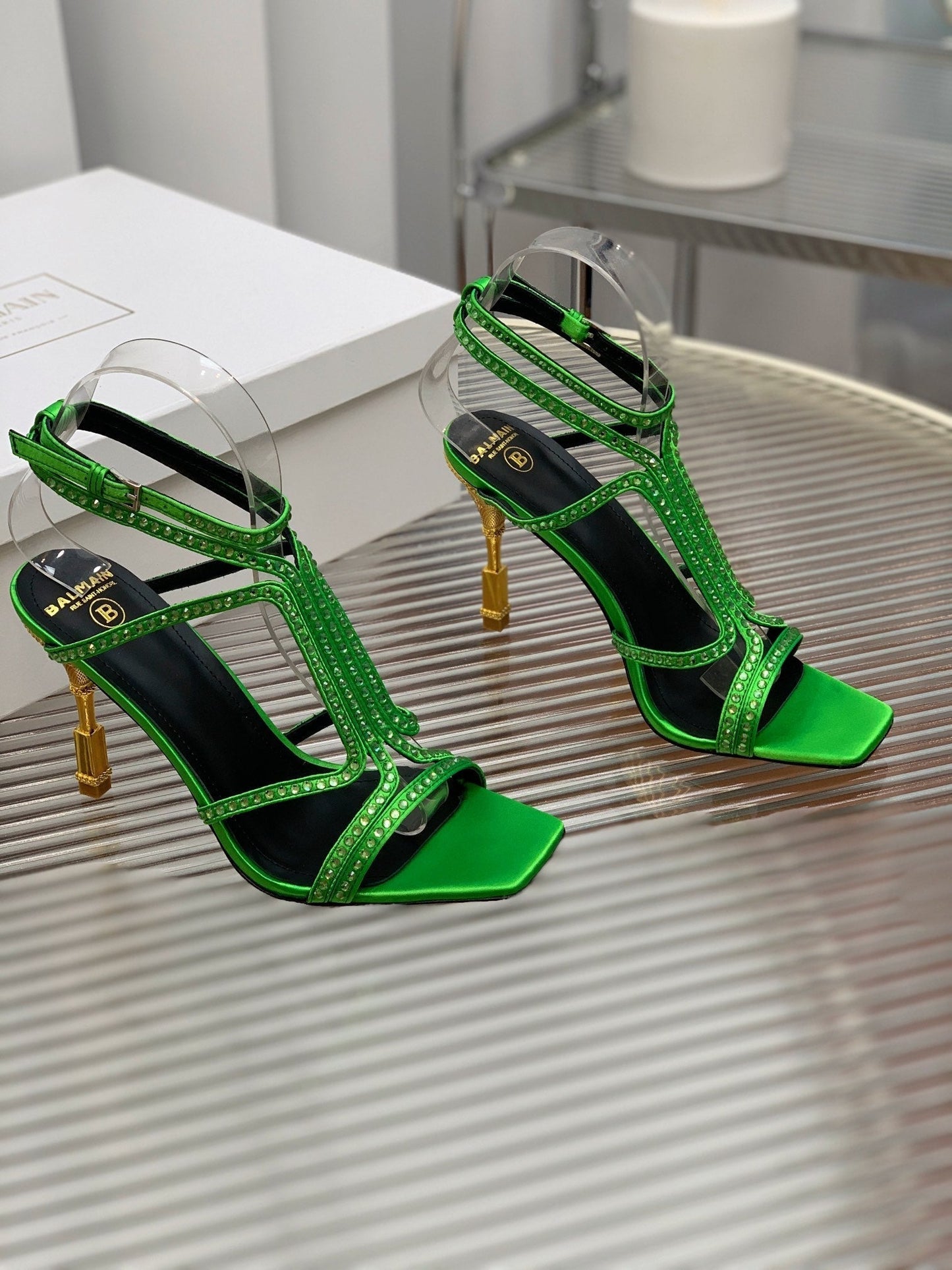 BALMAIN 25S MONETA SANDAL 95MM IN DARK GREEN CALFSKIN WITH CRYSTAL