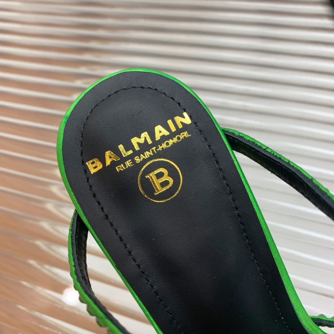 BALMAIN 25S MONETA SANDAL 95MM IN DARK GREEN CALFSKIN WITH CRYSTAL