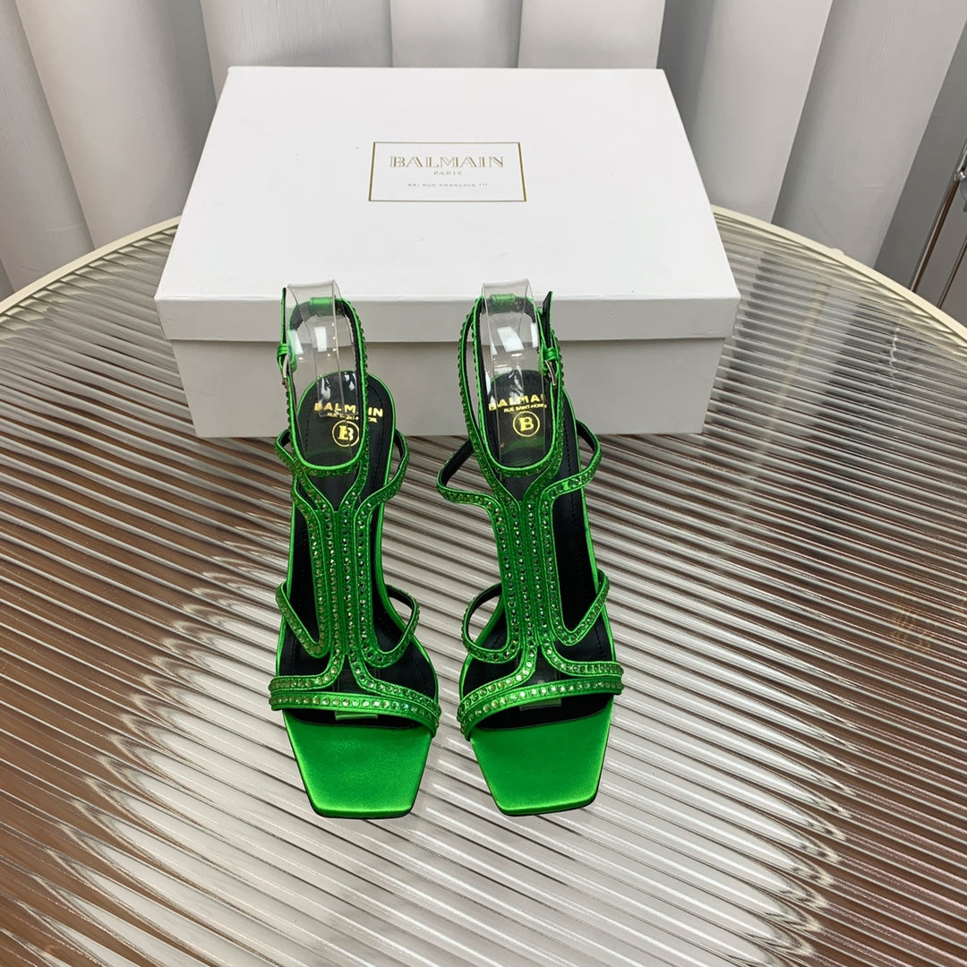 BALMAIN 25S MONETA SANDAL 95MM IN DARK GREEN CALFSKIN WITH CRYSTAL