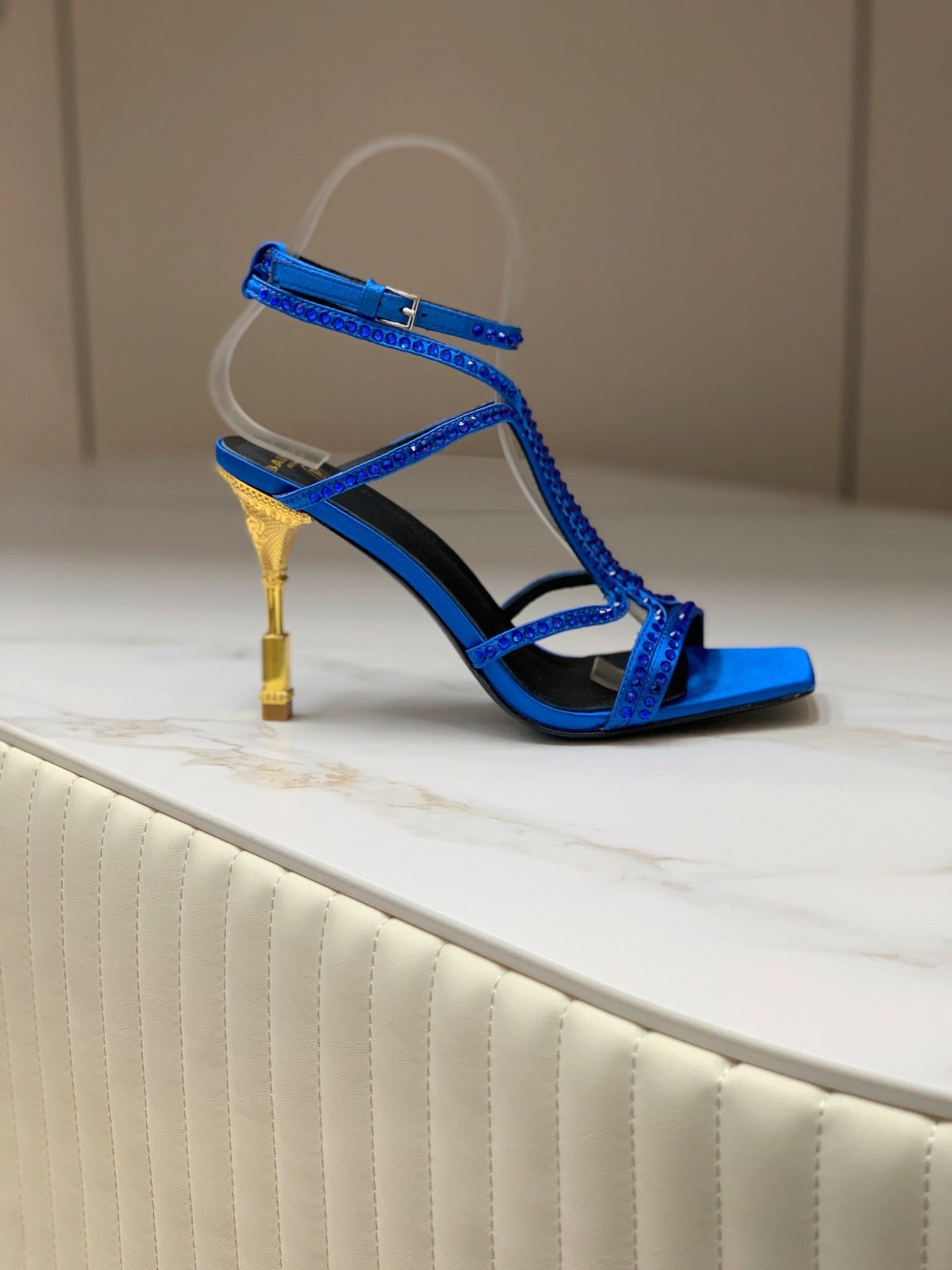 BALMAIN 25S MONETA SANDAL 95MM IN DARK BLUE CALFSKIN WITH CRYSTAL