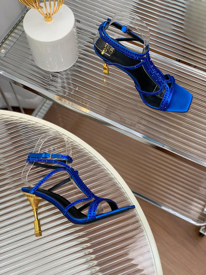 BALMAIN 25S MONETA SANDAL 95MM IN DARK BLUE CALFSKIN WITH CRYSTAL