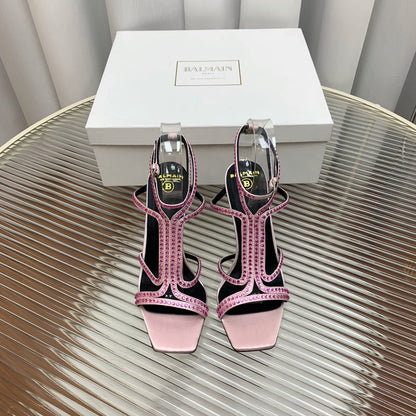 BALMAIN 25S MONETA SANDAL 95MM IN LAVENDER PINK CALFSKIN WITH CRYSTAL