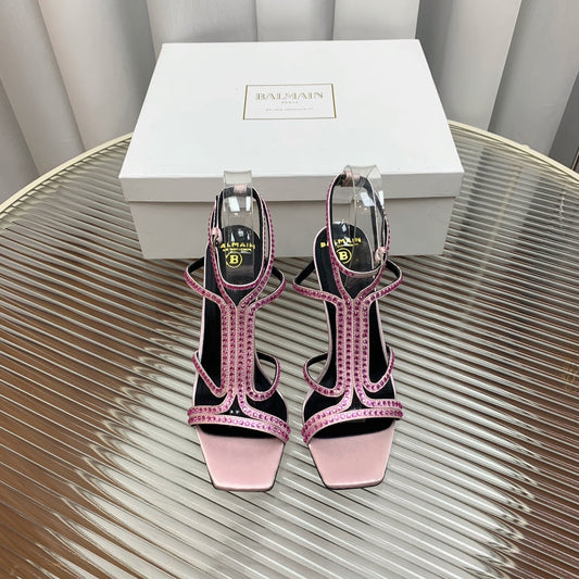 BALMAIN 25S MONETA SANDAL 95MM IN LAVENDER PINK CALFSKIN WITH CRYSTAL