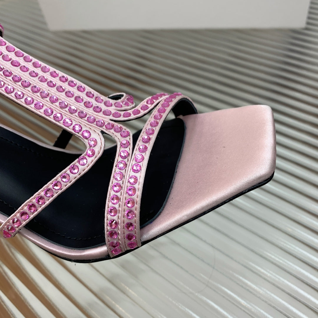 BALMAIN 25S MONETA SANDAL 95MM IN LAVENDER PINK CALFSKIN WITH CRYSTAL