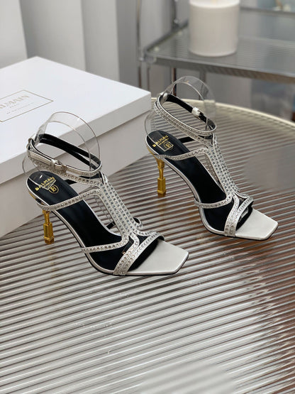 BALMAIN 25S MONETA SANDAL 95MM IN SILVER CALFSKIN WITH CRYSTAL