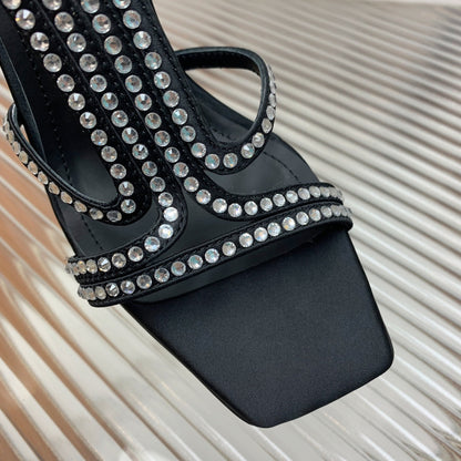 BALMAIN 25S MONETA SANDAL 95MM IN BLACK CALFSKIN WITH CRYSTAL