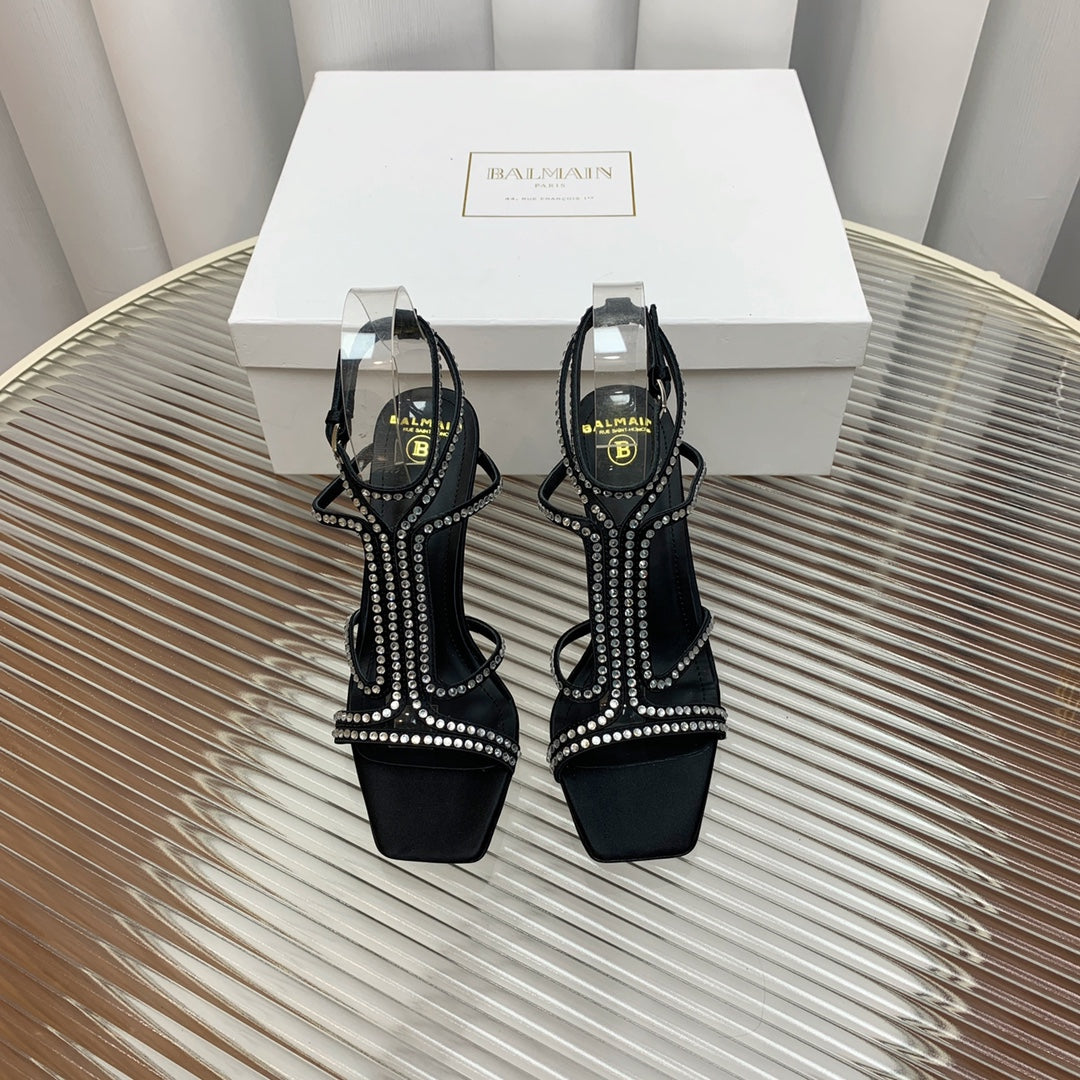 BALMAIN 25S MONETA SANDAL 95MM IN BLACK CALFSKIN WITH CRYSTAL