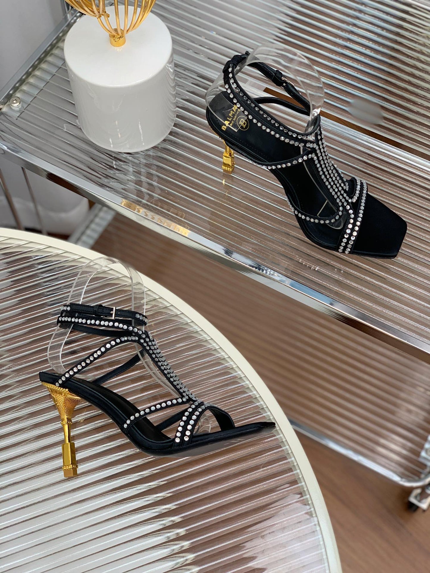 BALMAIN 25S MONETA SANDAL 95MM IN BLACK CALFSKIN WITH CRYSTAL