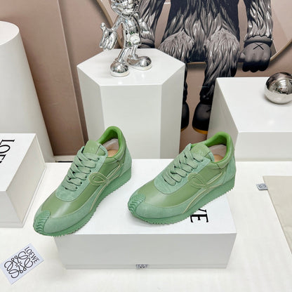 FLOW RUNNER SNEAKER IN BASIL GREEN SUEDE AND SHEEPSKIN