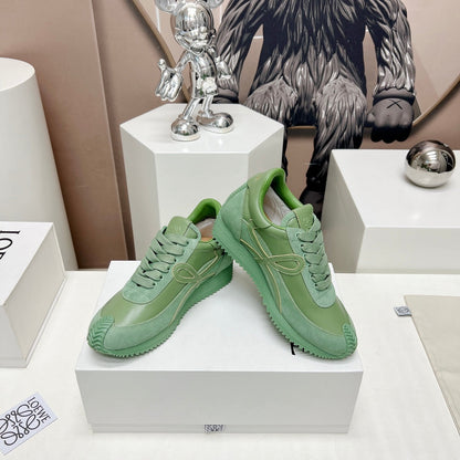 FLOW RUNNER SNEAKER IN BASIL GREEN SUEDE AND SHEEPSKIN
