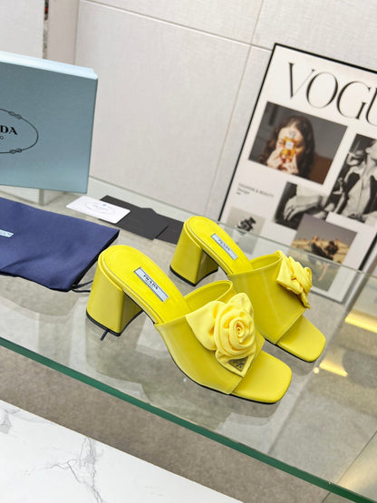 PRA FLOWER BLOCK HEELS 75 LEMON CALFSKIN