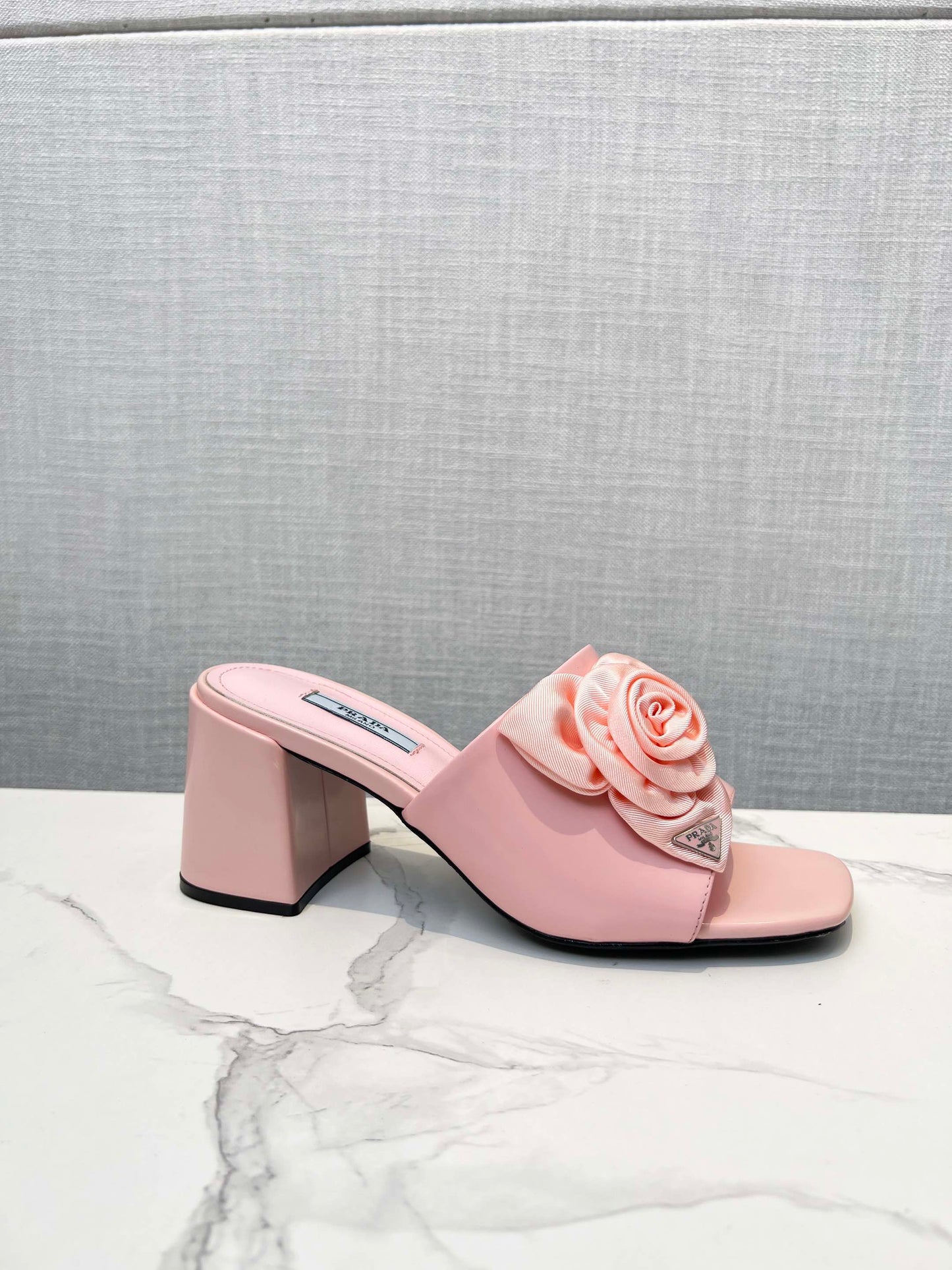 PRA FLOWER BLOCK HEELS 75 LIGHT PINK CALFSKIN