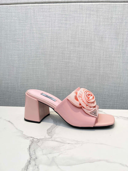 PRA FLOWER BLOCK HEELS 75 LIGHT PINK CALFSKIN