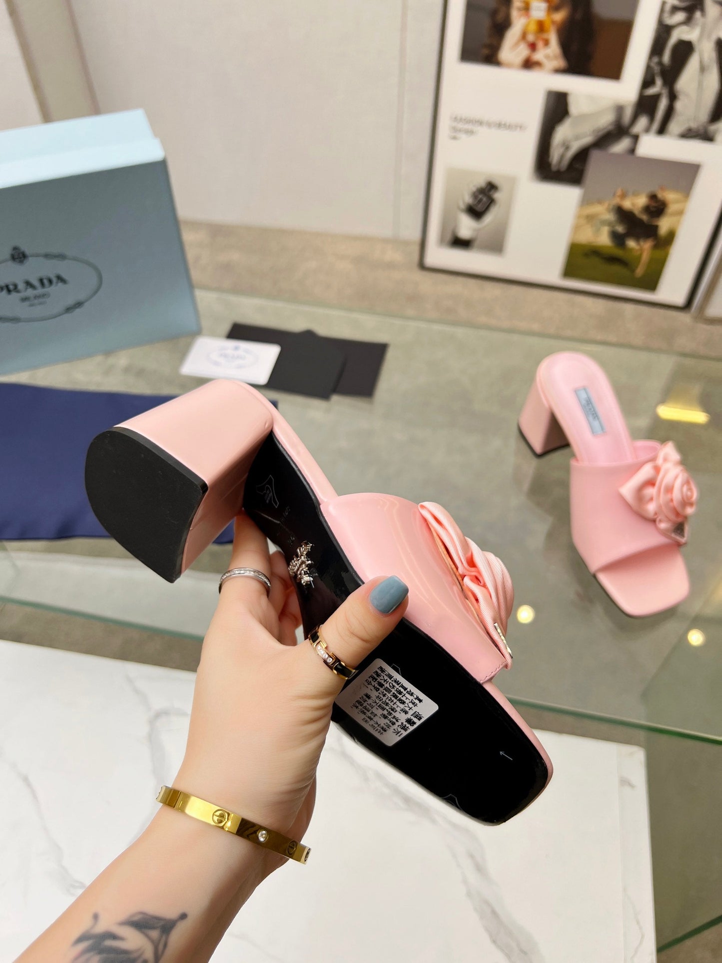 PRA FLOWER BLOCK HEELS 75 LIGHT PINK CALFSKIN