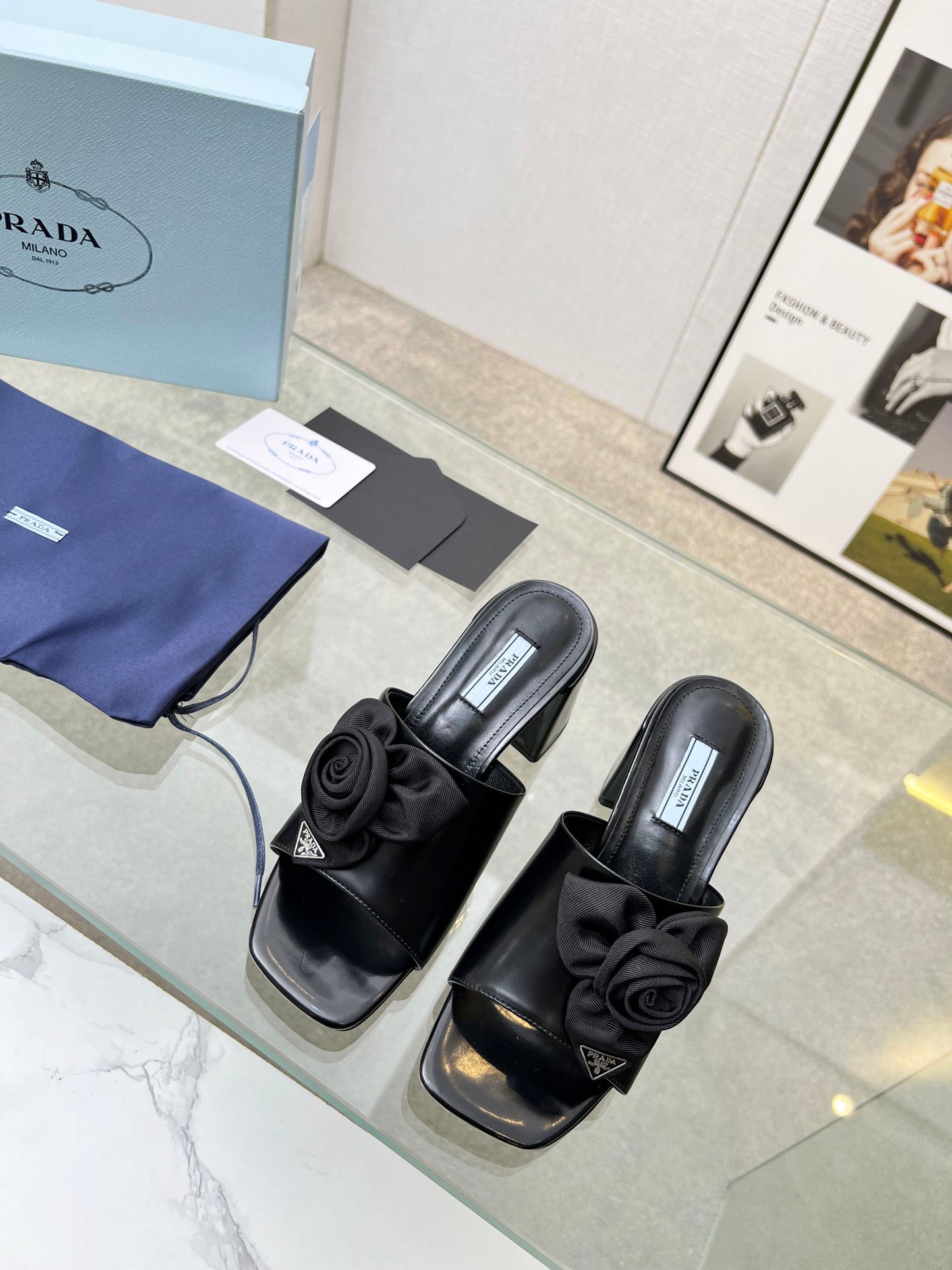 PRA FLOWER BLOCK HEELS 75 BLACK CALFSKIN