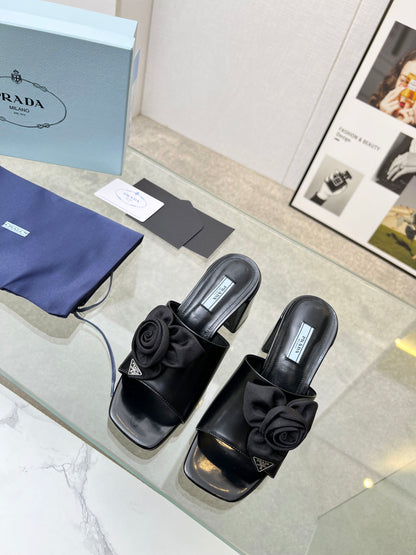 PRA FLOWER BLOCK HEELS 75 BLACK CALFSKIN