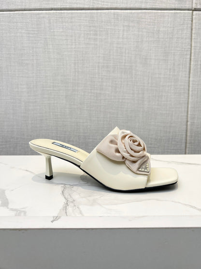 PRA FLOWER POINTED HEELS 55 IVORY CALFSKIN