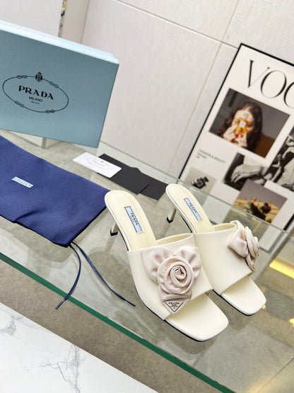 PRA FLOWER POINTED HEELS 55 IVORY CALFSKIN