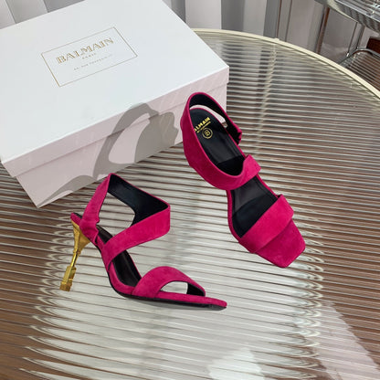 BALMAIN 25S HIGH HEEL SANDALS 95MM IN FUCHSIA SUEDE