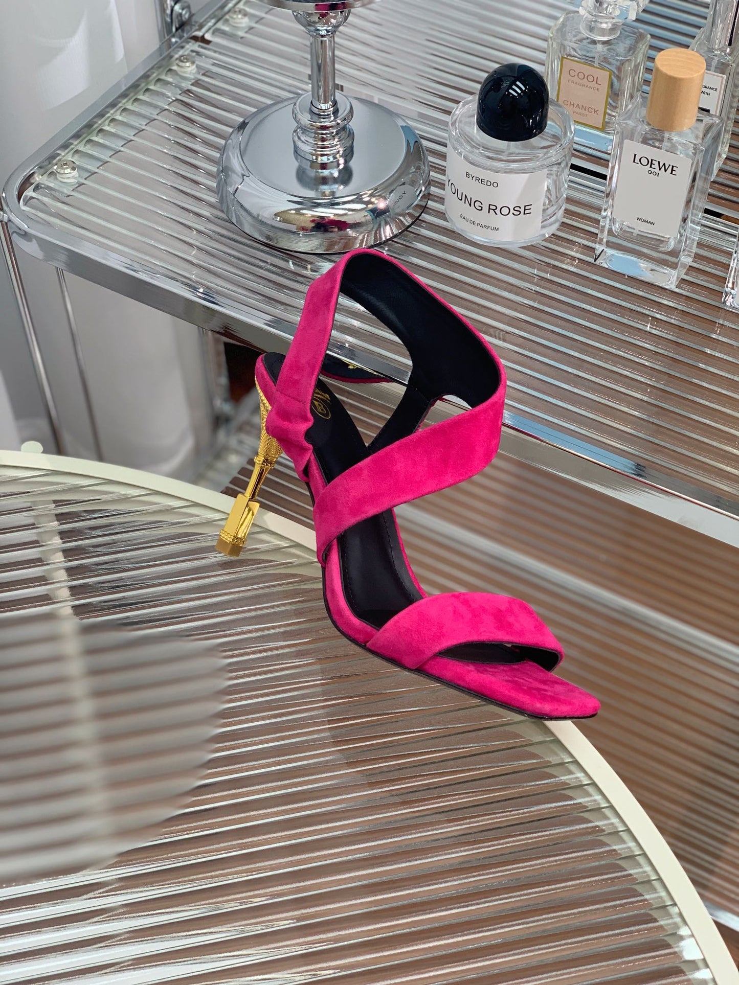 BALMAIN 25S HIGH HEEL SANDALS 95MM IN FUCHSIA SUEDE