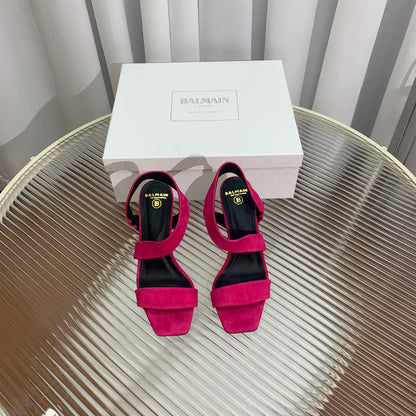 BALMAIN 25S HIGH HEEL SANDALS 95MM IN FUCHSIA SUEDE