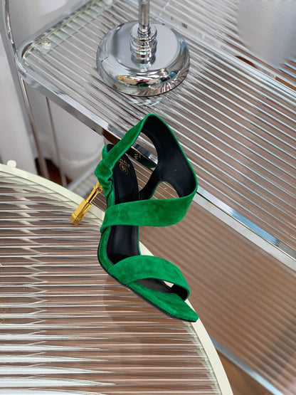 BALMAIN 25S HIGH HEEL SANDALS 95MM IN DARK GREEN SUEDE