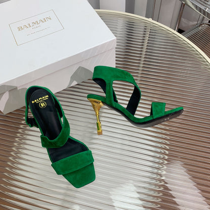 BALMAIN 25S HIGH HEEL SANDALS 95MM IN DARK GREEN SUEDE