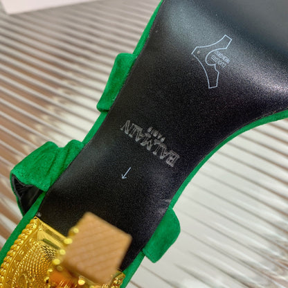 BALMAIN 25S HIGH HEEL SANDALS 95MM IN DARK GREEN SUEDE