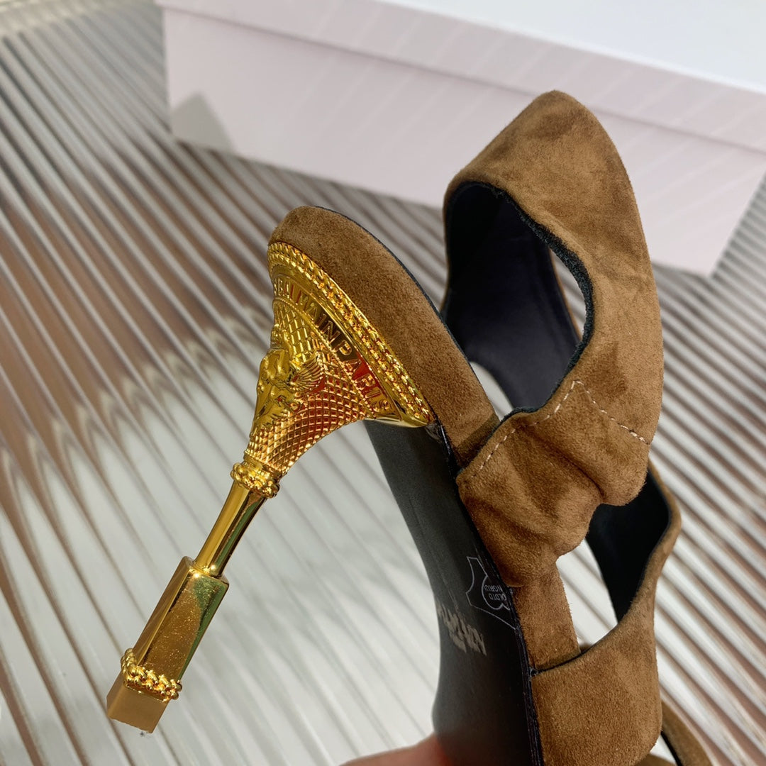 BALMAIN 25S HIGH HEEL SANDALS 95MM IN BROWN SUEDE